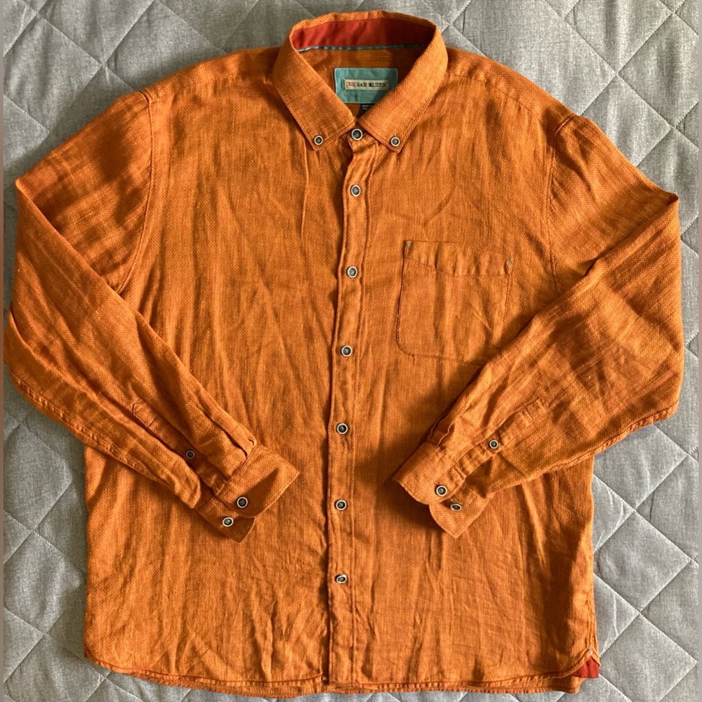 32 Bar Blues Long Sleeve Button Up Shirt Mens XL Orange Cotton Linen Blend - Picture 2 of 11